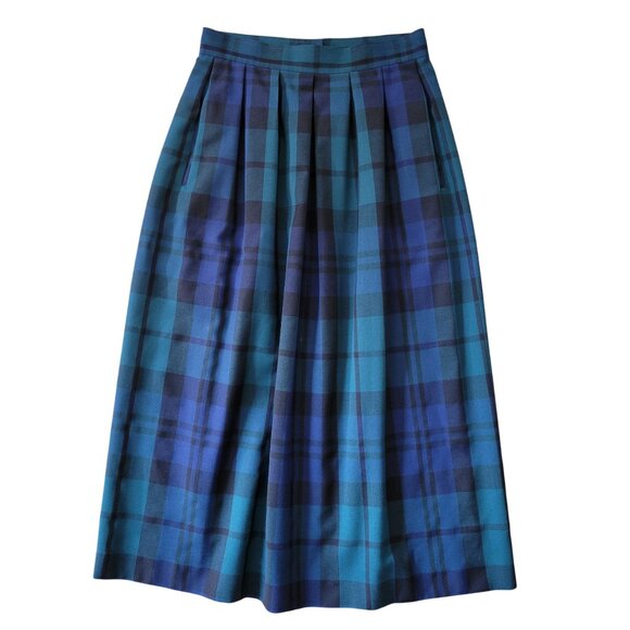 Vintage Pendleton Green Navy Blue Plaid Wool Skirt Midi Pleated Side Pockets USA - Picture 1 of 5